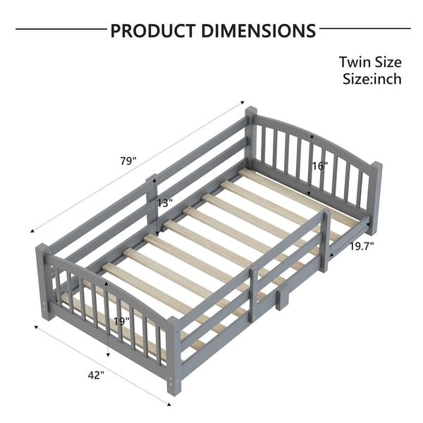 dimension image slide 5 of 8, Montessori Solid Pine Floor Bed with Full-Length Safety Fence & Slatted Base by Harper&Bright Designs