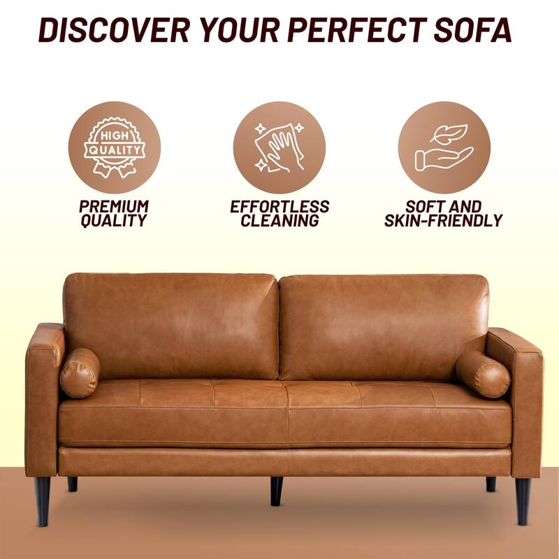 Modern Genuine Leather Sofa with Wooden Legs, Plush Seating, and Included Bolster Pillow for Maximum Comfort