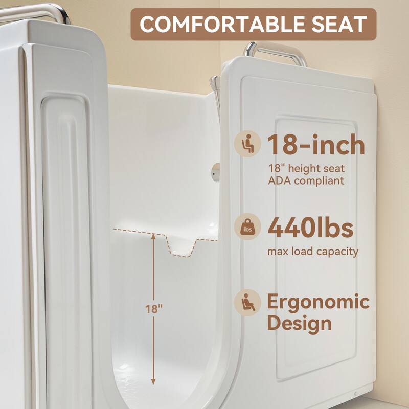 HOROW 52.5 x 26.5 Inch Left Drain Quick Fill Walk In Soaking Bathtub in White with Chrome Trim