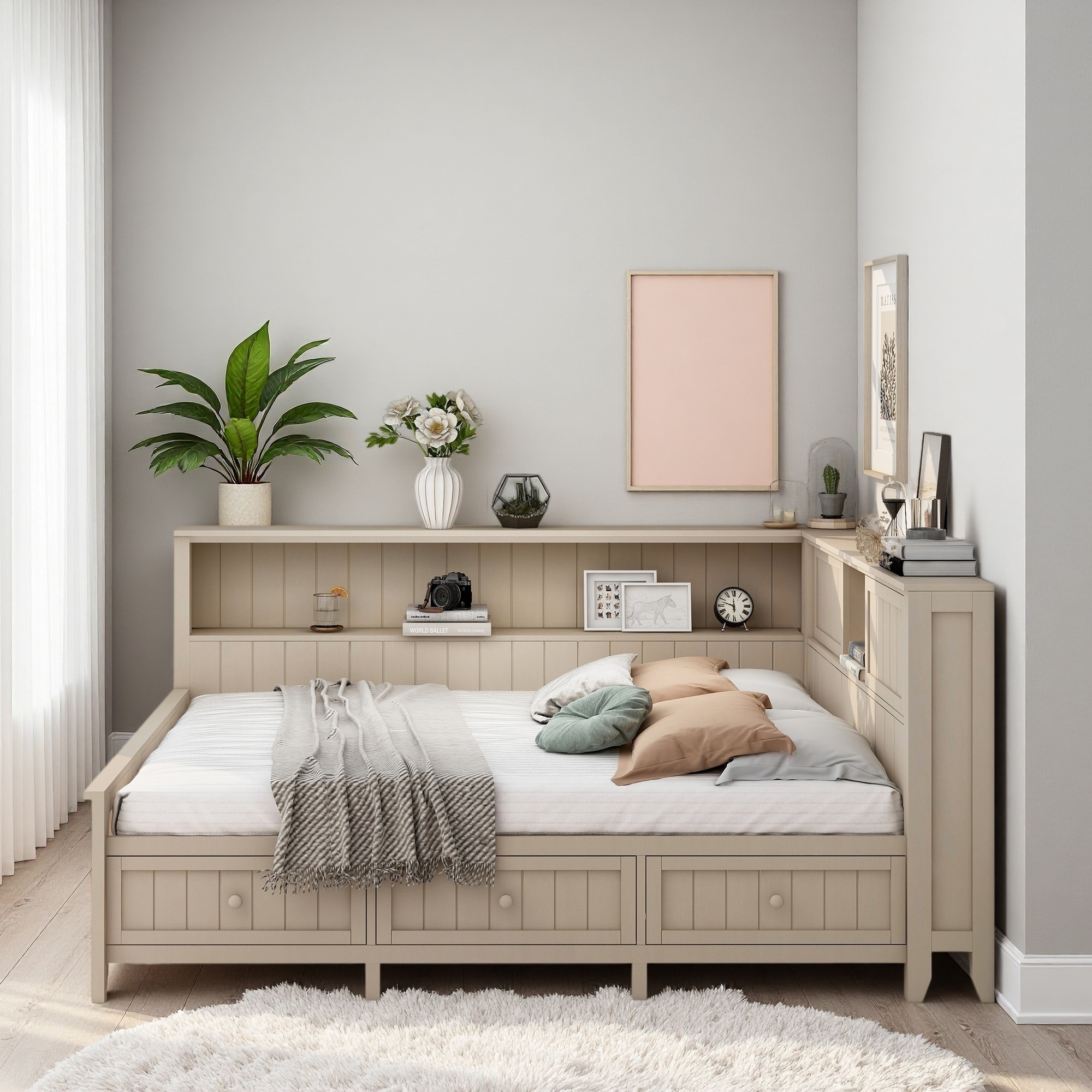 Solid Wood Daybed with Storage Shelves and 3 Drawers
