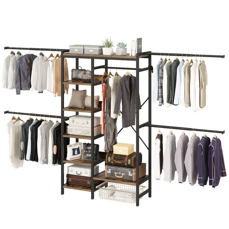 Wall-Mounted Clothing Storage Rack Multi-Functional Closet Organizer System with Adjustable Rods and Shelves
