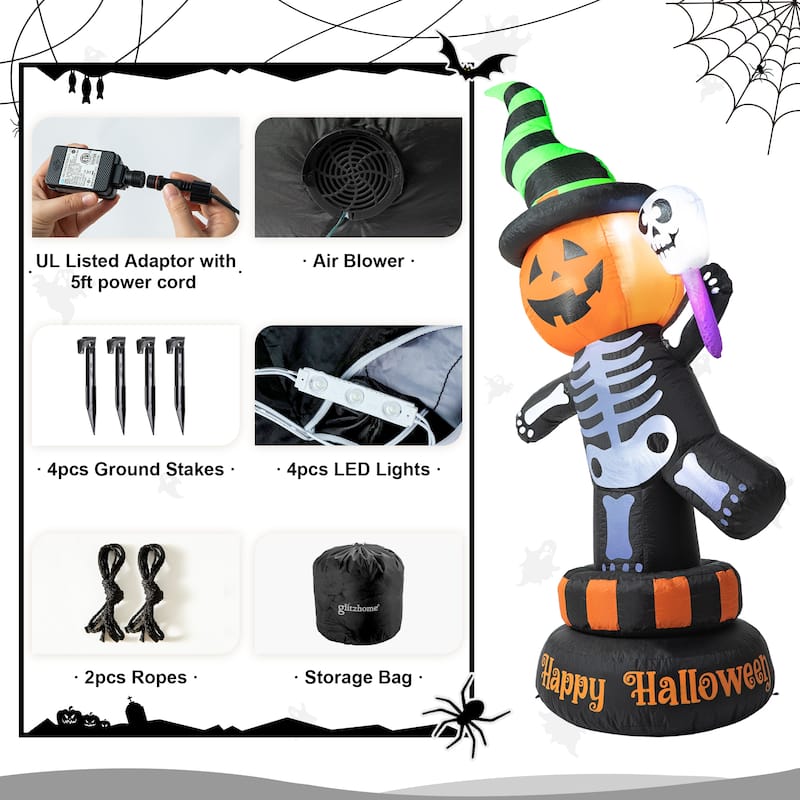 Glitzhome 6FT Lighted Halloween Jack-O-Lantern Skeleton Rotating Inflatable Decor