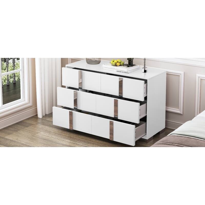 Roomfitters Elegant Modern Storage Cabinet with Metal Foot, Mirrored 6-Compartment Cabinet for Bedroom Living Room, White