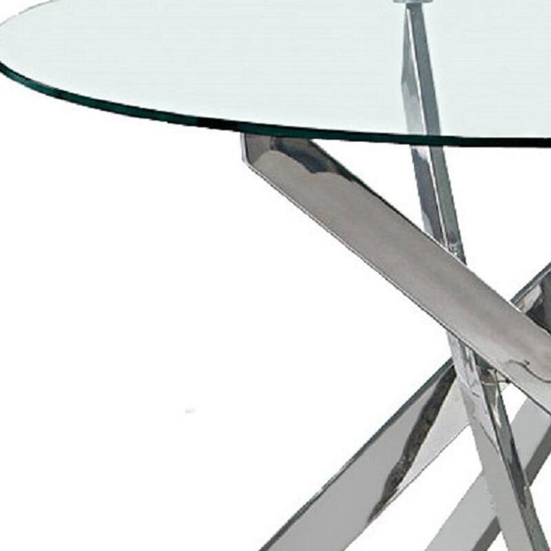 HomeRoots 48" Clear and Silver Glass and Metal Cross Leg Base Round Top Dining Table - 48.00 in. x 30.00 in. x 48.00 in.