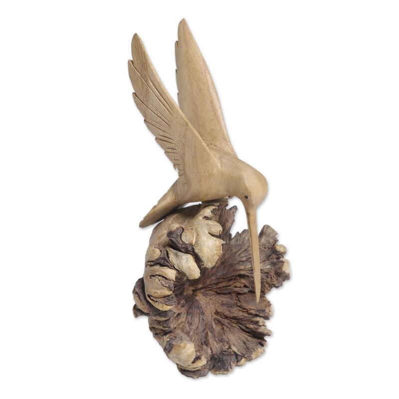 NOVICA Hand-Carved Jempinis Wood Flying Hummingbird Sculpture Hummingbird Joy (Indonesia) - 3.5