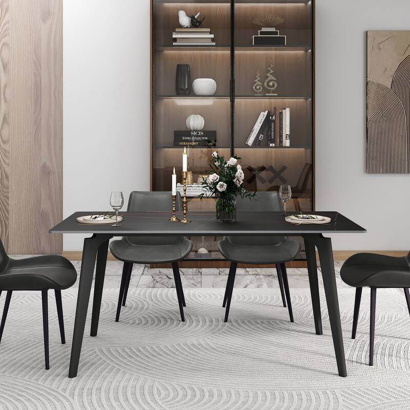 63" Dining Table Set for 6, Sintered Stone Dining Table with Black Legs for Kitchen Dining Room
