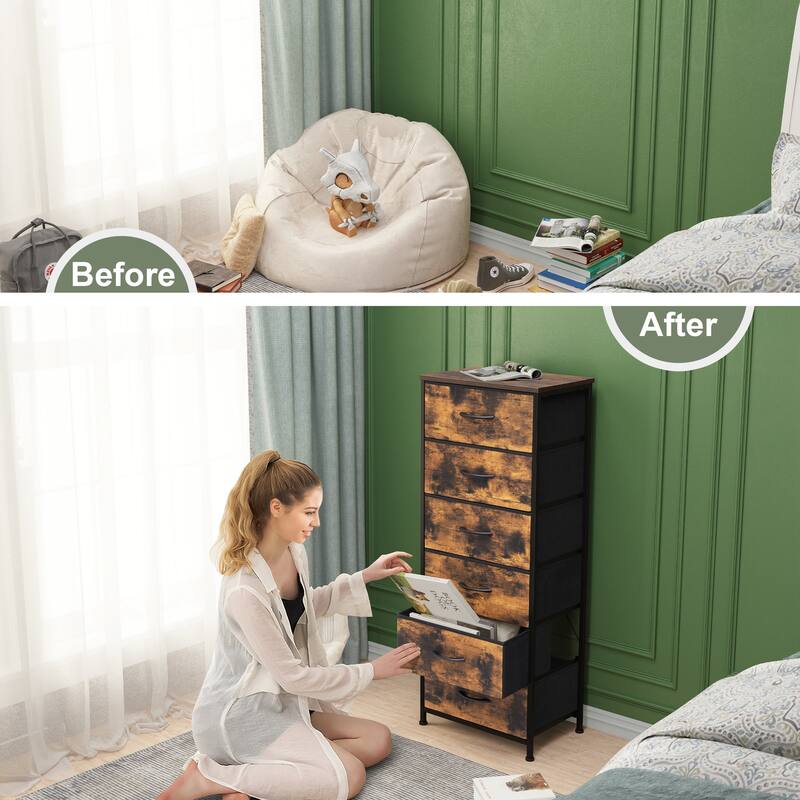6 Drawers Chest - Vertical Storage Tower Steel / Wood / Fabric Dresser