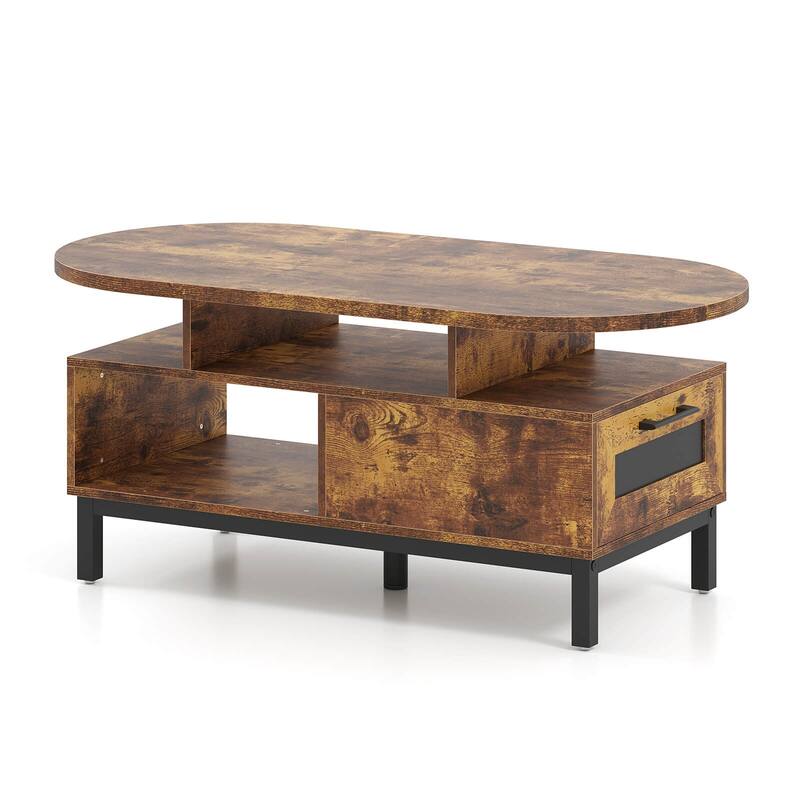 Costway 47” Oval Top Coffee Table with 4 Open Compartments & Drawer, 5 - See Details