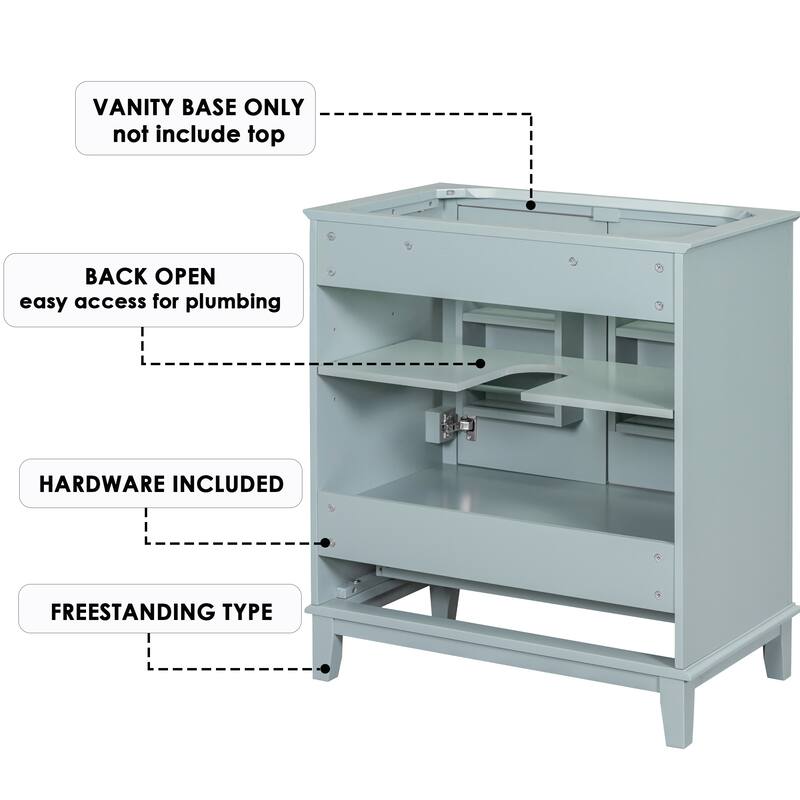 29.5" White Bathroom Vanity Cabinet Base with Adjustable Shelf, 1 Drawer & 2 Doors, Freestanding, Solid Wood
