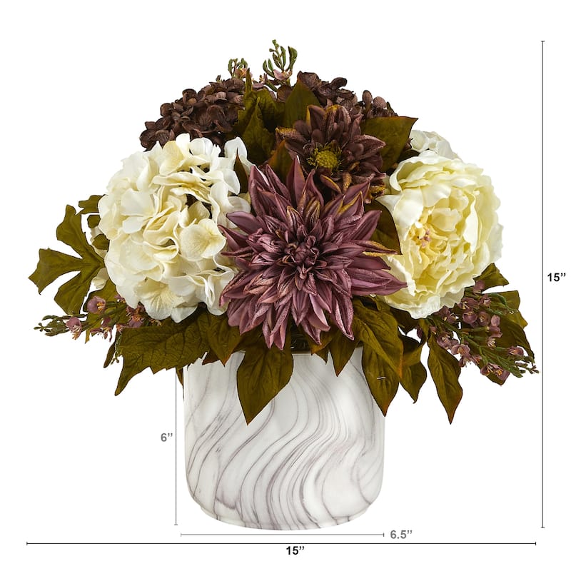 15" Peony, Hydrangea and Dahlia Arrangement in Marble Finished Vase