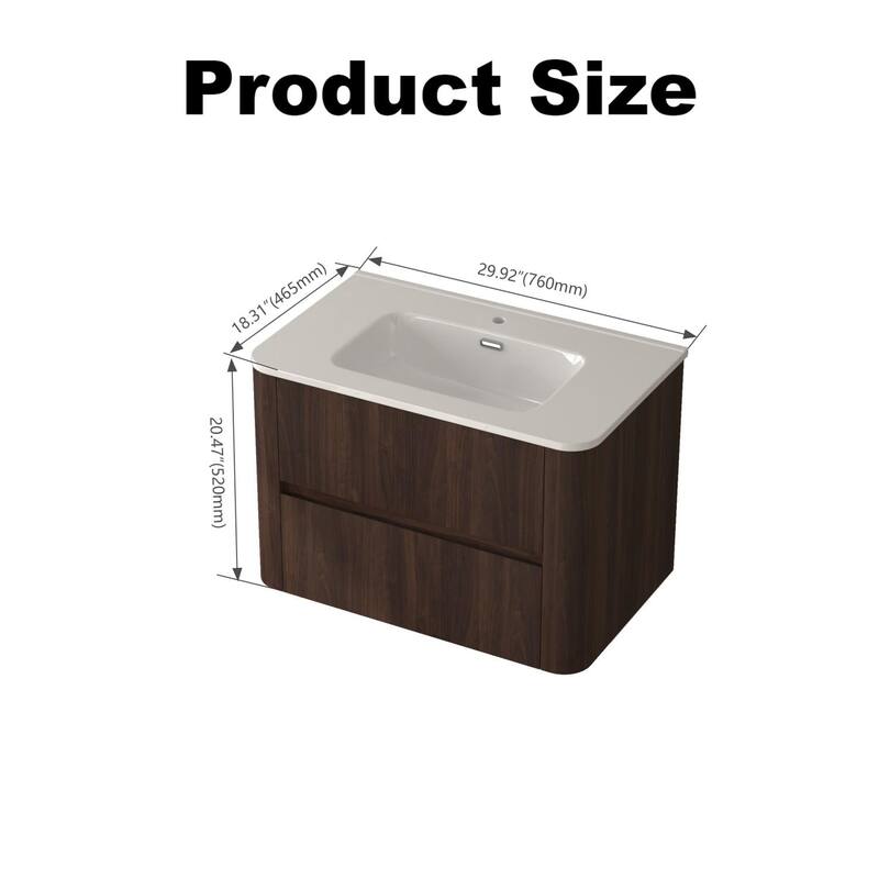 30" Wall Mounted Bathroom Vanity with Sink Floating Vanity Two Drawers Bathroom Cabinet with Ceramic Integrated Sink