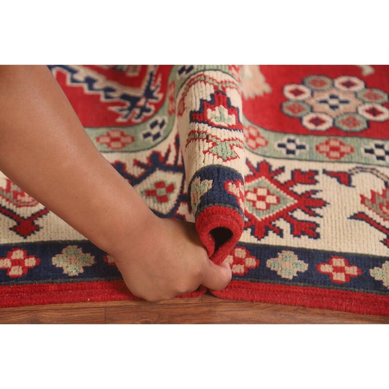 Geometric Kazak Area Rug Handmade Red Wool Carpet - 5'1" x 6'8"