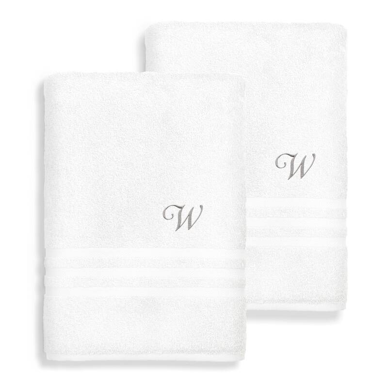 Authentic Hotel and Spa Omni Turkish Cotton Terry Set of 2 White Bath Towels with Grey Script Monogrammed Initial - White/W