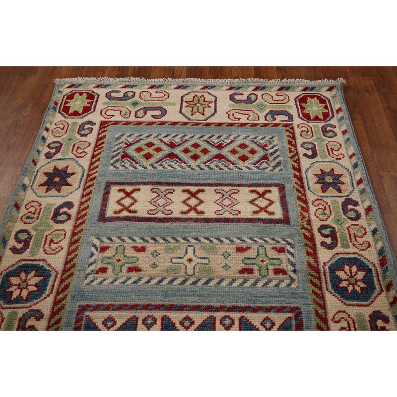 Blue Kazak Oriental Runner Rug Hand-Knotted Geometric Wool Carpet - 3'3" x 16'3"