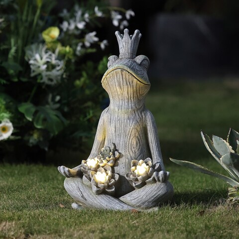 Grey MgO Meditating King Frog Statue with Solar Lights