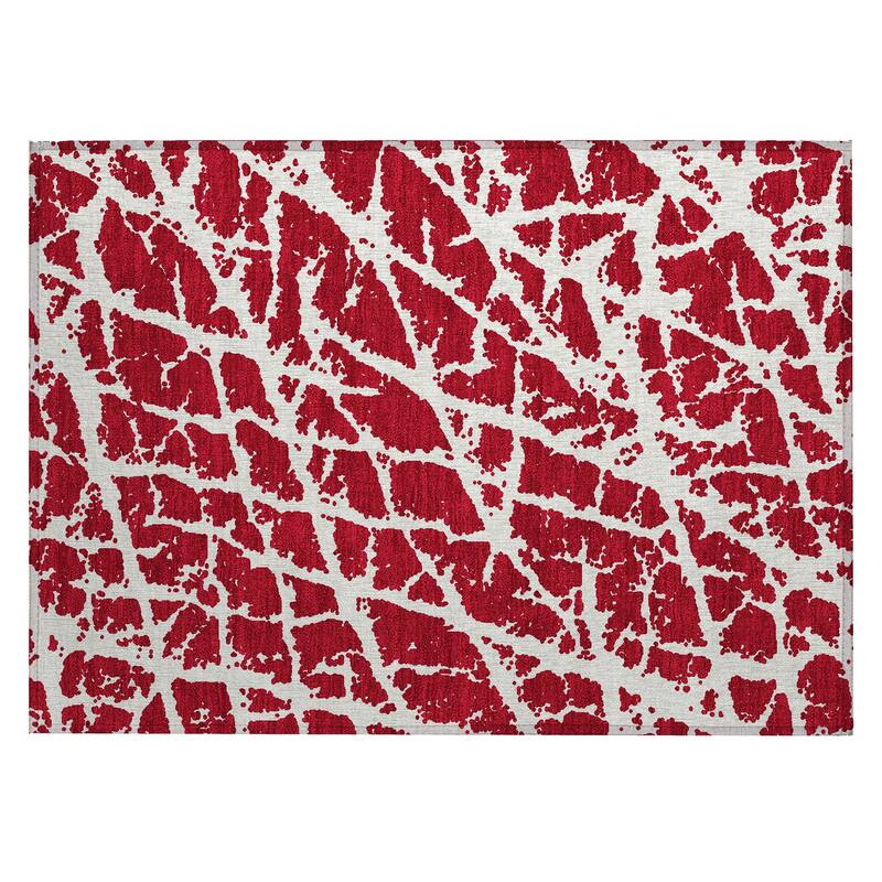 Machine Washable Indoor/ Outdoor Transitional Red Crackle Chantille Rug