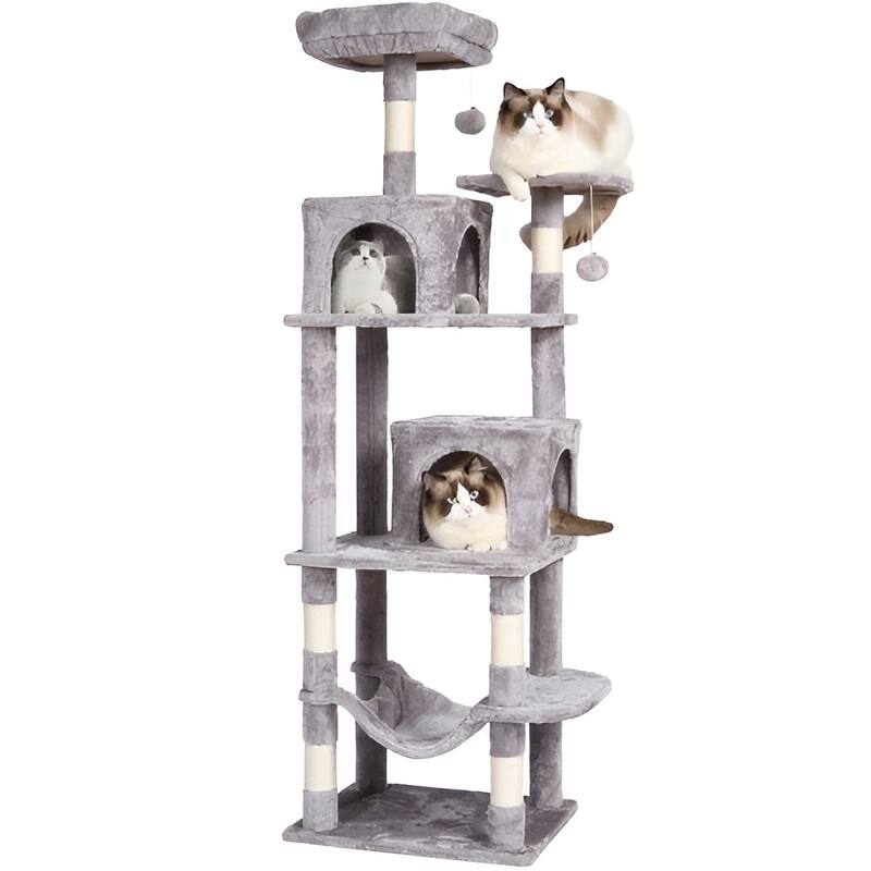 Light Grey Plush 7-Layer Cat Tree with Condos and Hammock Playhouse