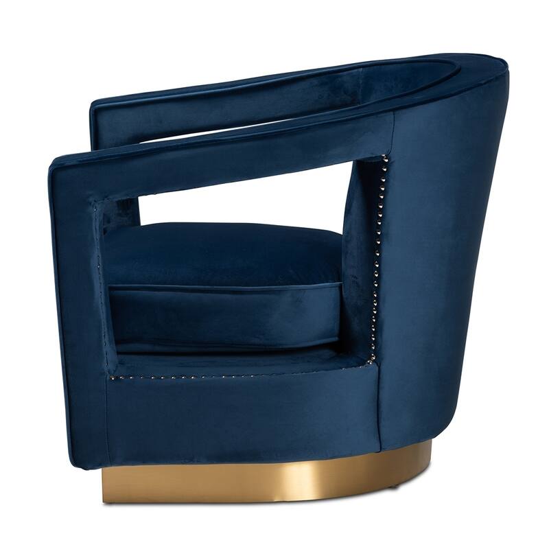Neville Modern Luxe and Glam Navy Blue Velvet Fabric Upholstered and Gold Finished Metal Armchair - 28.70"H x 30.30"W x 31.10"D