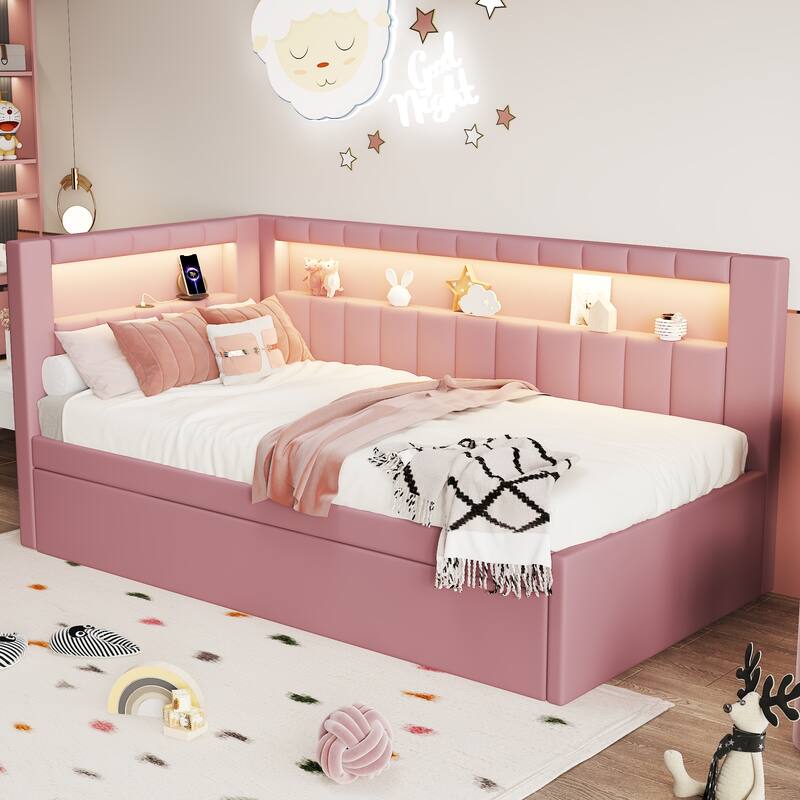 Platform Bed Linen Upholstered Daybed with L-shaped Headboard USB Ports and Light for Night's Sleep, Choose 2 Drawer or Trundle