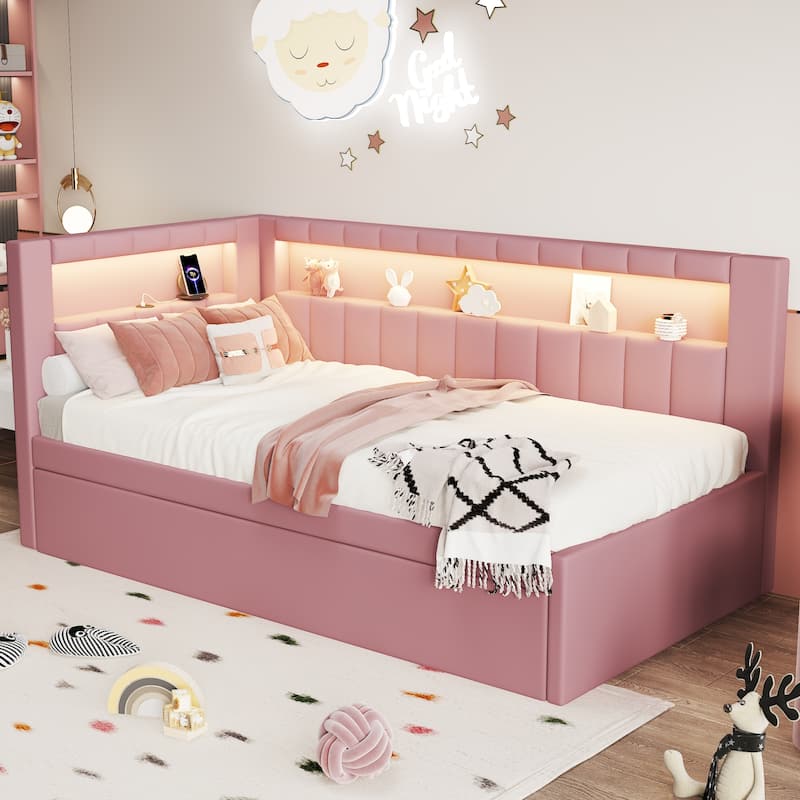 Twin Size Linen Platform Bed with LED Lighting and USB Ports and Includes Hidden Trundle (250lbs Capacity)
