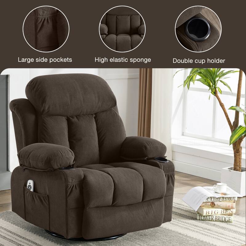 Swinging Recliner Massage Heated Sofa, With Usb And 2 Cup Holders In Side Pockets