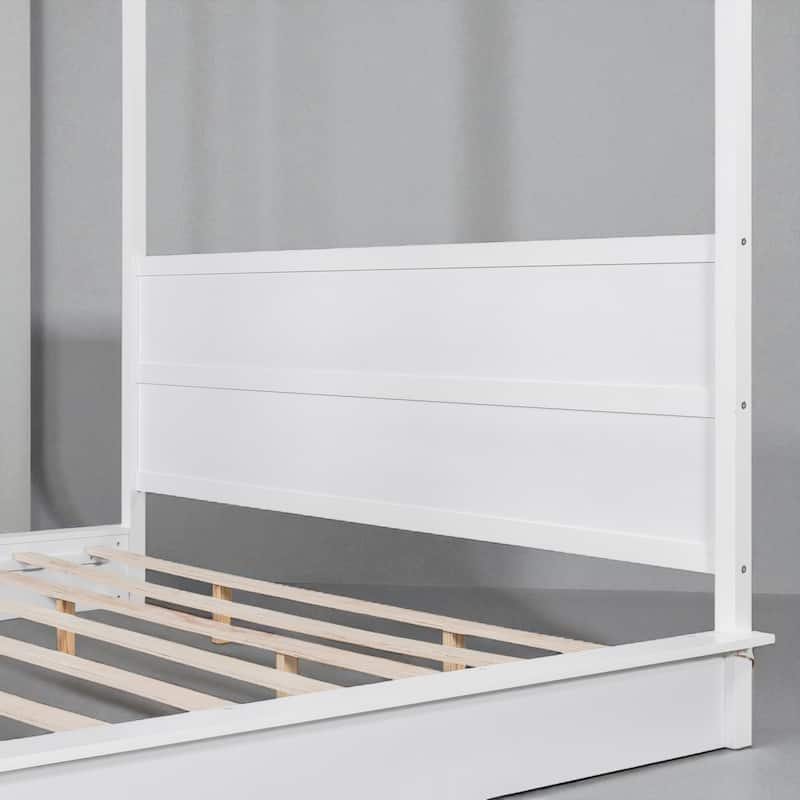 Queen/King White Wood Canopy Platform Bed with LED Lights and Slats, Modern Bedroom Frame No Box Spring Needed