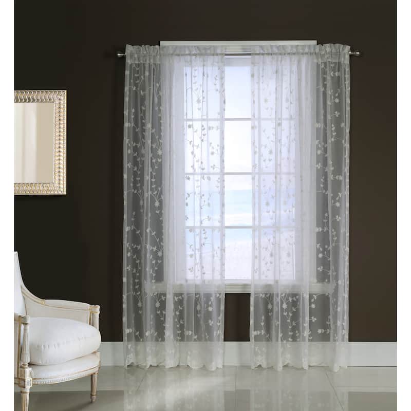 Grandeur Embroidered Sheer Curtain Valance and Tiers with Scallop Detail - 52" x 63" - White
