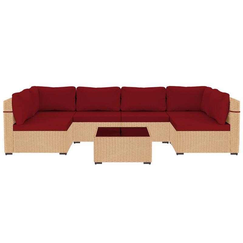 Patio Watcher 7-Piece Patio Yellow Wicker Sectional Seating Group with Cusions and Side Table