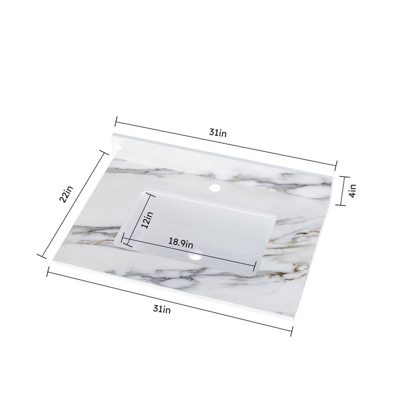 31 Inch Marble Vanity Top,Bathroom Vanity Top with Undermount Rectangular Middle Sink and 4 Inch Height Backsplash