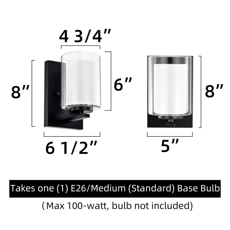 Matte Black/Brushed Nickel 1-Light Indoor Bathroom Vanity Light Wall Sconce with Dual Glass Shades