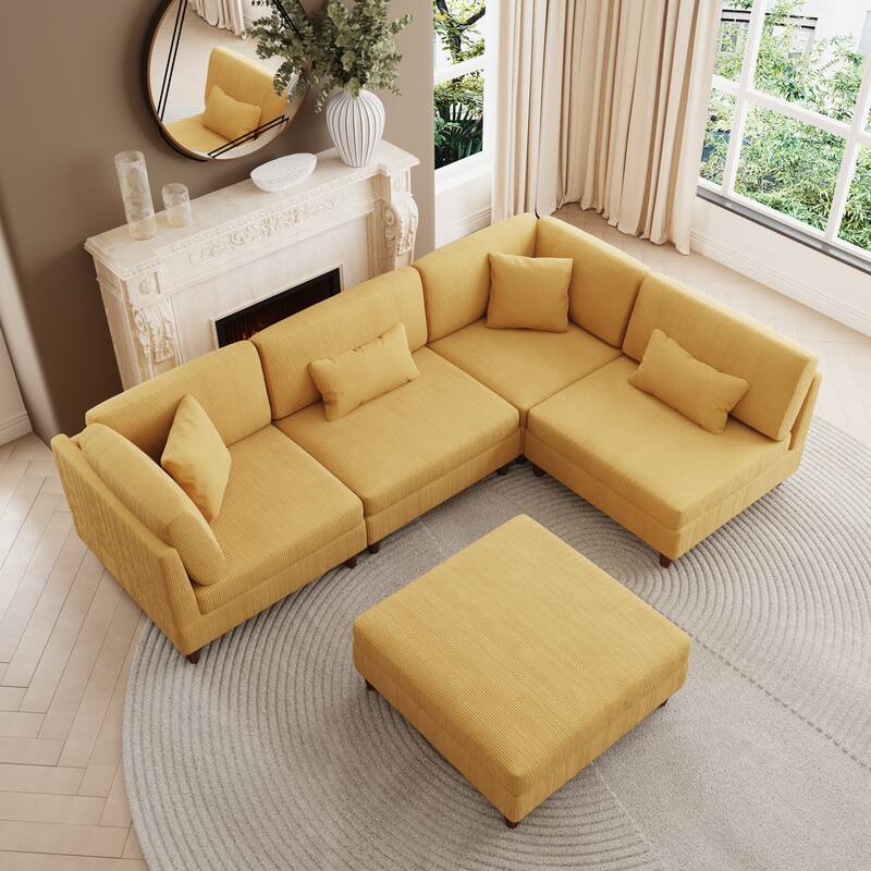Corduroy Convertible Couch Modular Sectional Sofa with Ottoman