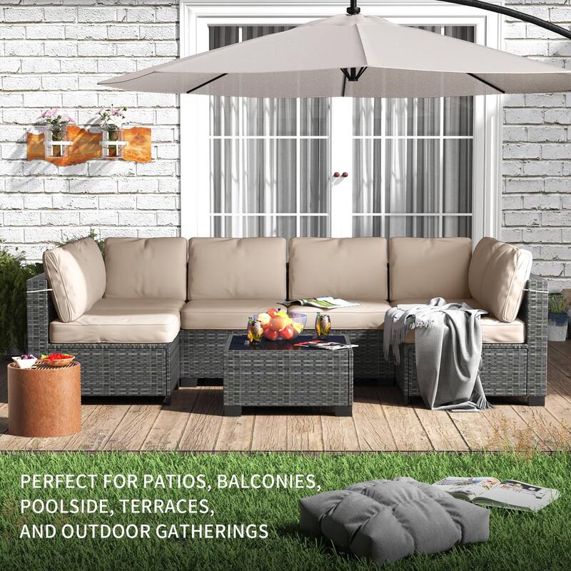 Patio Funiture Set 7 Pieces Outdoor Rattan with Detachable Soft Cushions Patio Conversation Sets