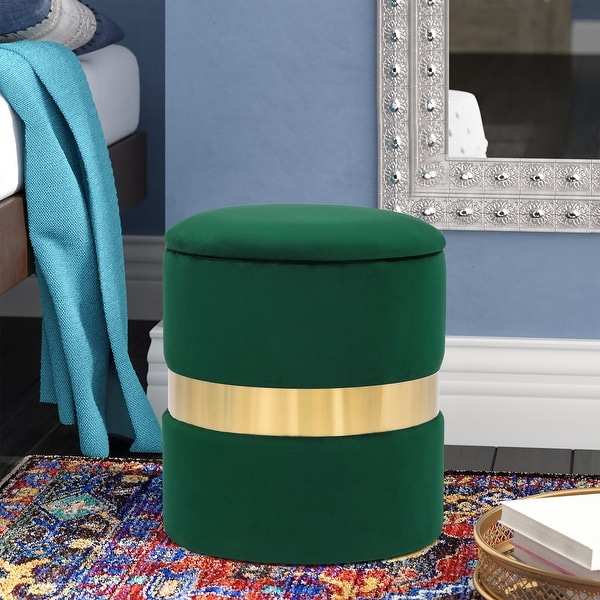Adeco Set of 2 Velvet Storage Ottoman Round Foot Stool Metal
