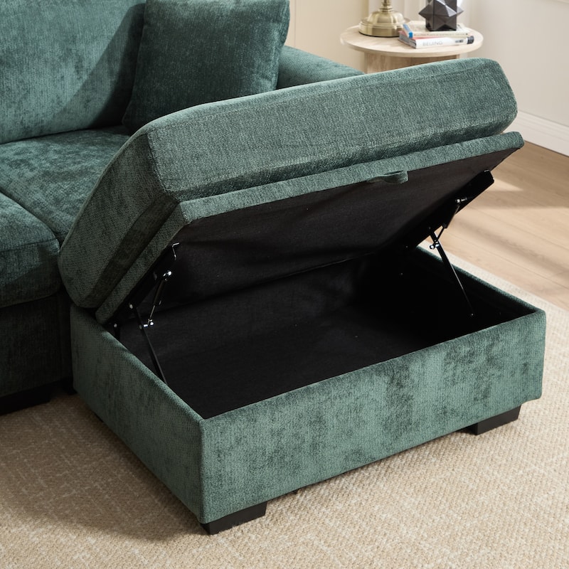 L-Shaped Modular Sectional Sofa with Storage Ottoman, 97" Chenille Corner Couch with USB Ports, Side Pockets