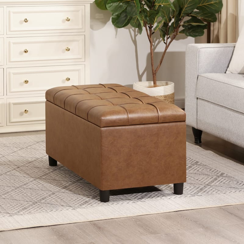 Adeco Rectangular Storage Ottoman Faux Leather Bench Lift-top Footrest