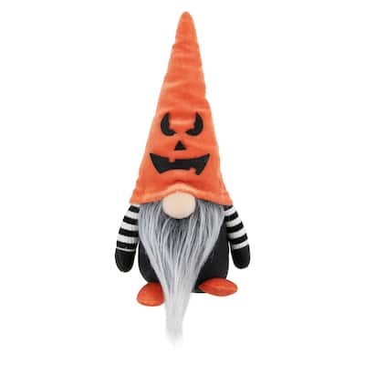 9.75" Black and Orange Halloween Gnome with Jack-O-Lantern Hat - 22"