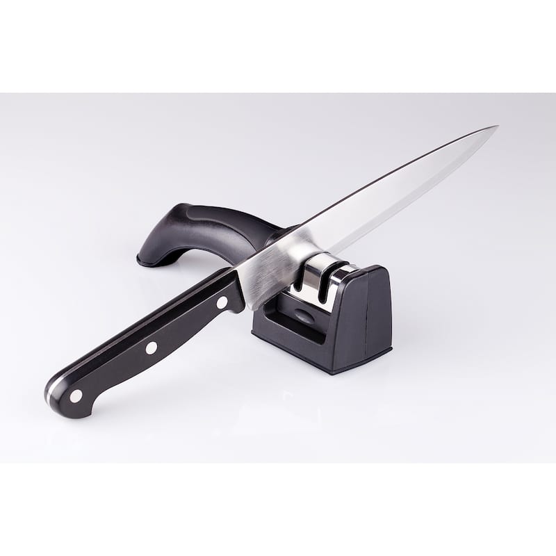 CatCora Dual-Action Knife Sharpener, Professional Sharpening For Straight-Blade Knives, Ergonomic Handle, Non-Slip Base - Silver