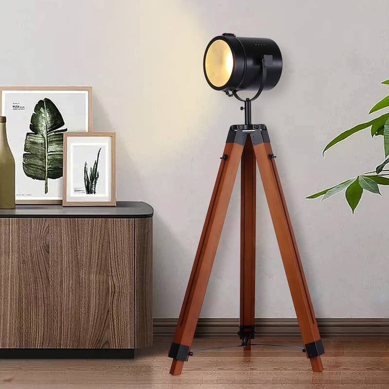 Modern Industrial Metal Wooden Nautical Tripod Floor Lamp- Retro Adjustable Rustic Reading Desk Table Lamp for Living Room