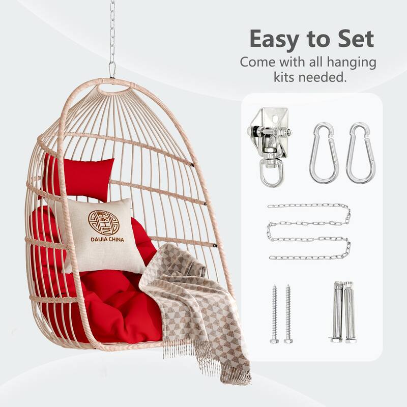 Hanging Chair PE Hanging Chair with Stainless Steel Suspension kit, Outdoor Garden Rattan Egg Swing Chair with Cushion