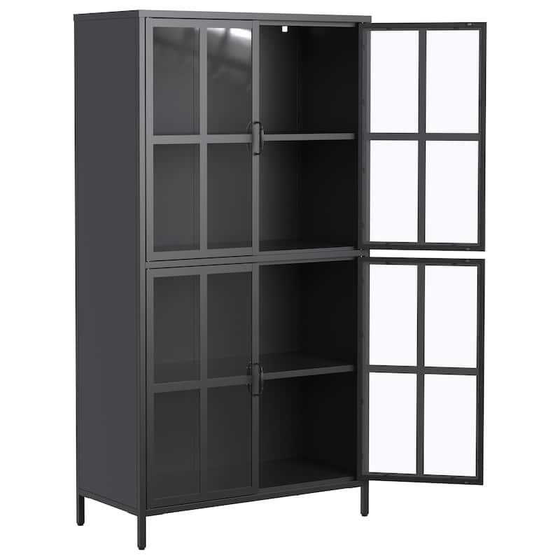 Premium Black Metal Storage Cabinet with Tempered Glass Doors, Adjustable Shelves, Anti-Tipping Device, Magnetic Silent