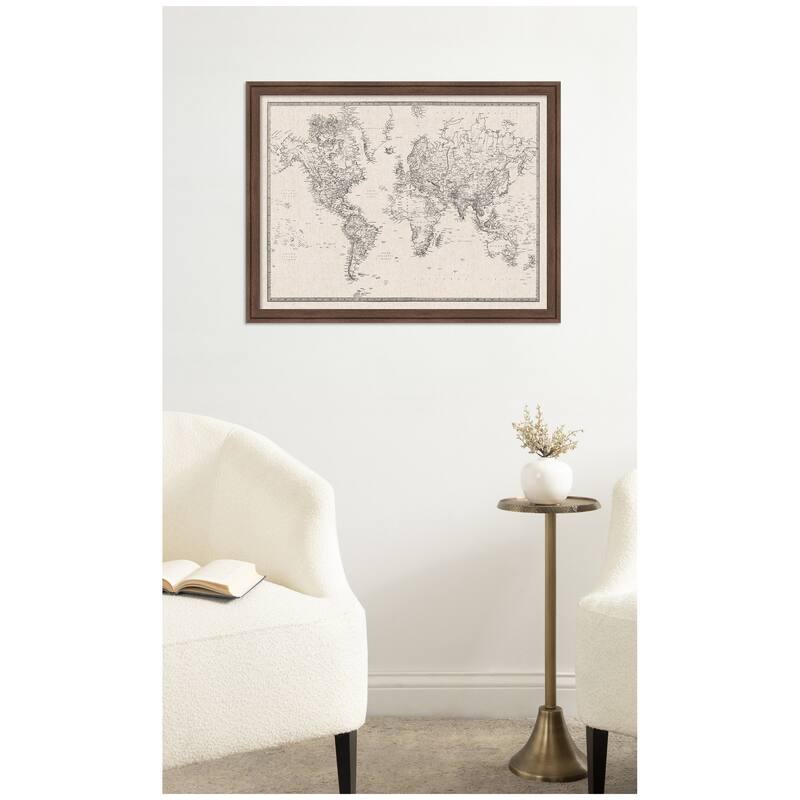 Kate and Laurel Framed Fabric Pinboard Vintage Black and White Linen World Map Wall Organization