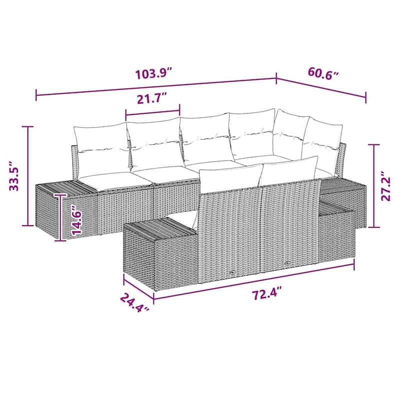 vidaXL Garden Sofa Set with Cushion 7 pcs Black Poly rattan - 24 x 72 x 33
