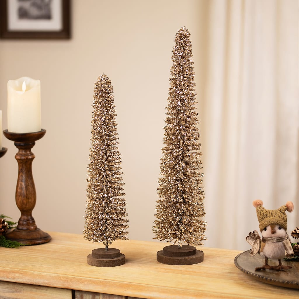 Glittered Tinsel Tree Christmas Decorations - 19.5" - Gold - Set of 2