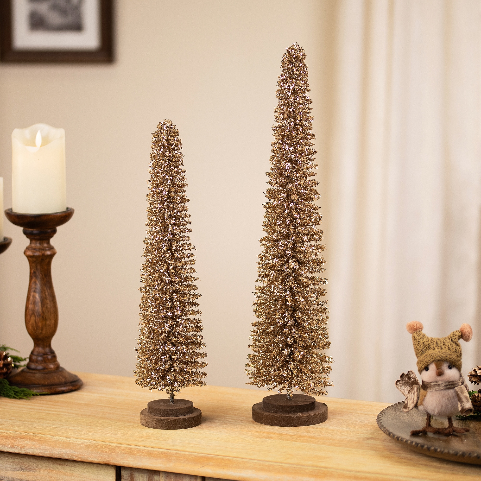 Glittered Tinsel Tree Christmas Decorations - 19.5" - Gold - Set of 2