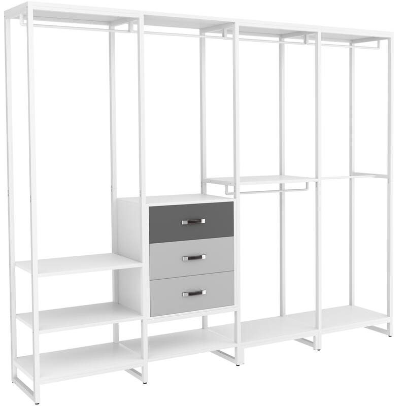 Rackcog 74-148'' W Closet System with 3 Wood Drawers and 11-Tier Storage Shelves,Multifunctional Walk-in Closet Organizer
