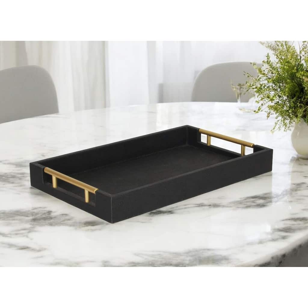 HomeRoots 16" Black Wood and Vinyl Faux Shagreen Serving Tray With Gold Handles - 15.75 in. x 1.75 in. x 9.50 in.