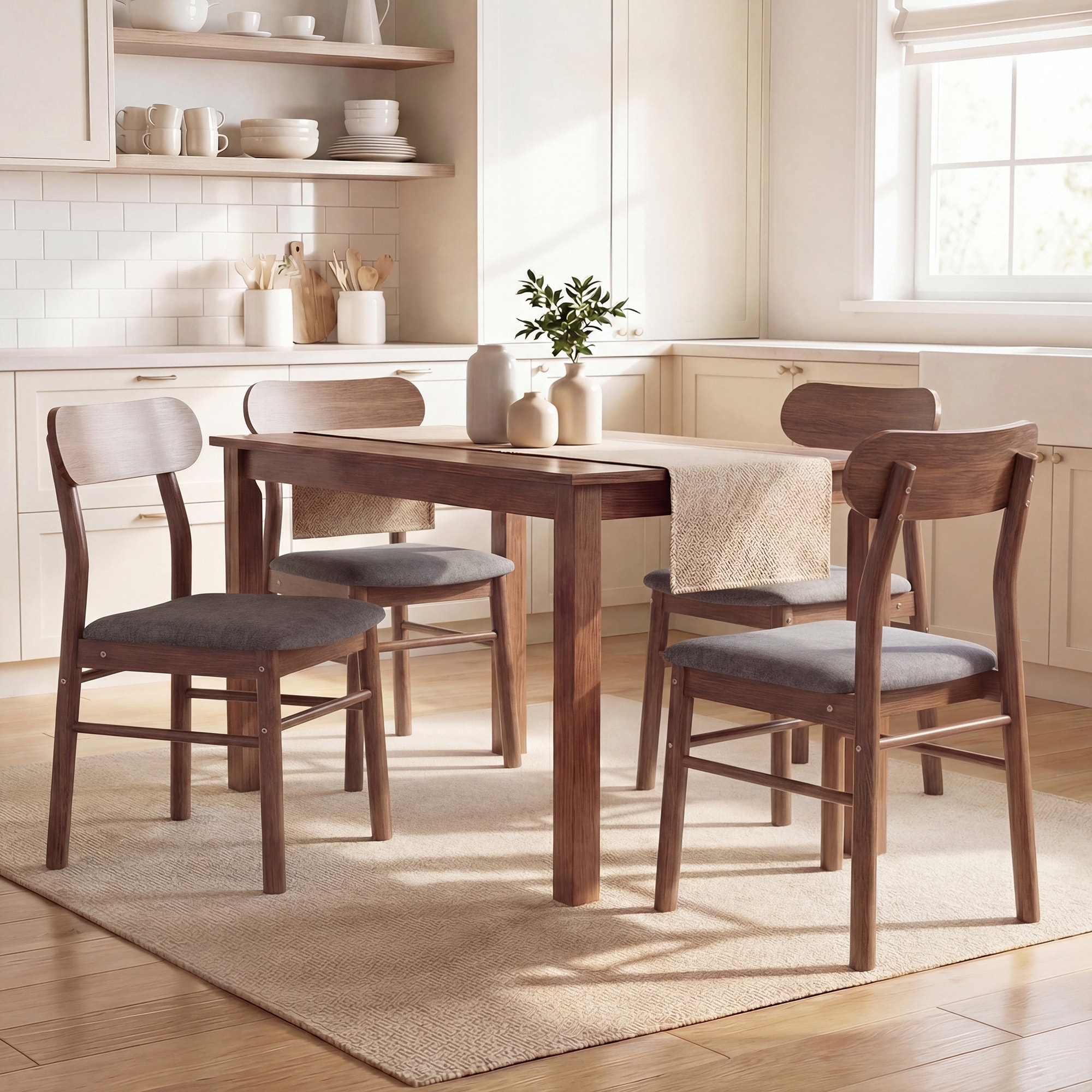 HOMCOM Mid-Century Modern Wooden Dining Chairs Set of 4, Upholstered Kitchen Chairs with Rubberwood Legs