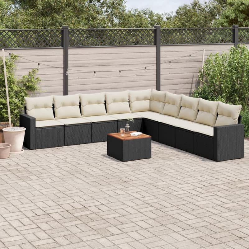 vidaXL Patio Sofa Set with Cushions Outdoor Furniture 10 Piece Poly Rattan - 25.8 x 24.4 x 27.2 - Black and Cream
