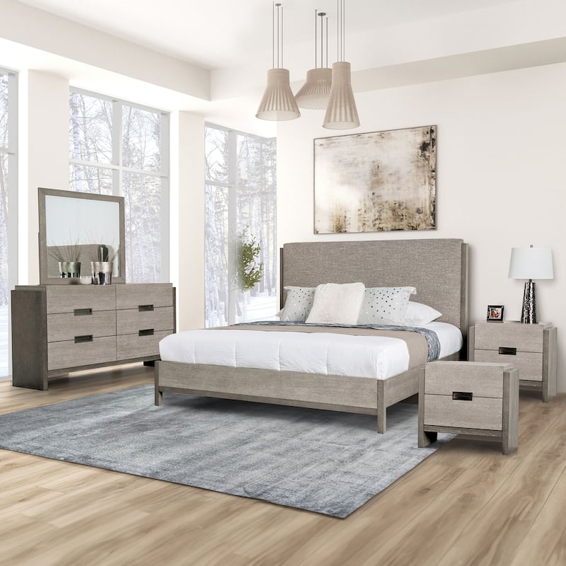 Furniture of America Cruz Contemporary Gray Solid Wood Panel 5-Piece Bed, 2 Nightstand, Dresser and Mirror Bedroom Set - King
