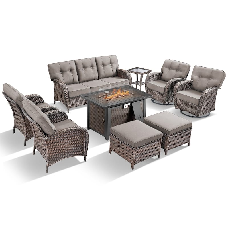 TWrap Wicker Patio Iron Fire Pit Conversation Set with 3-Seat Sofa & Swivel Gliders & Armchairs